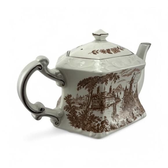 Vintage 1960s Ellgreave Staffordshire Ironstone Teapot Safe Harbor Transferware - Picture 4 of 16